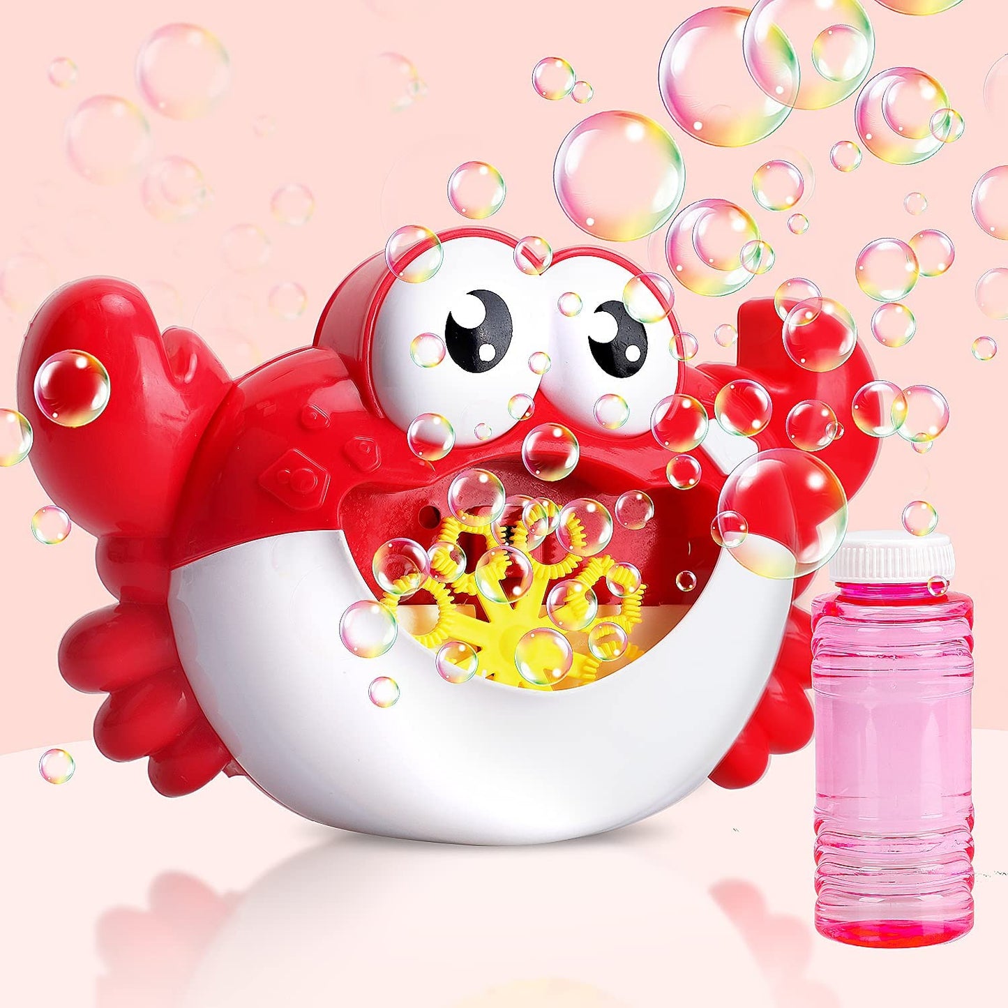 Red and white bubble crab machine, surrounded by colorful bubbles on a pink background.