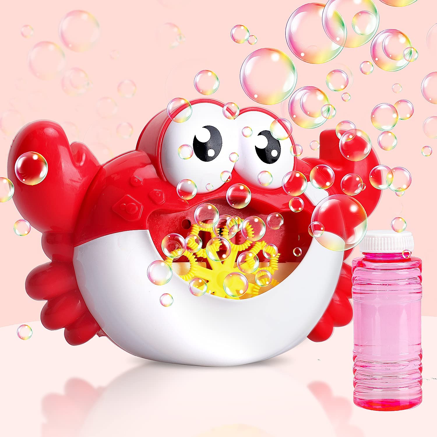 Red and white bubble crab machine, surrounded by colorful bubbles on a pink background.