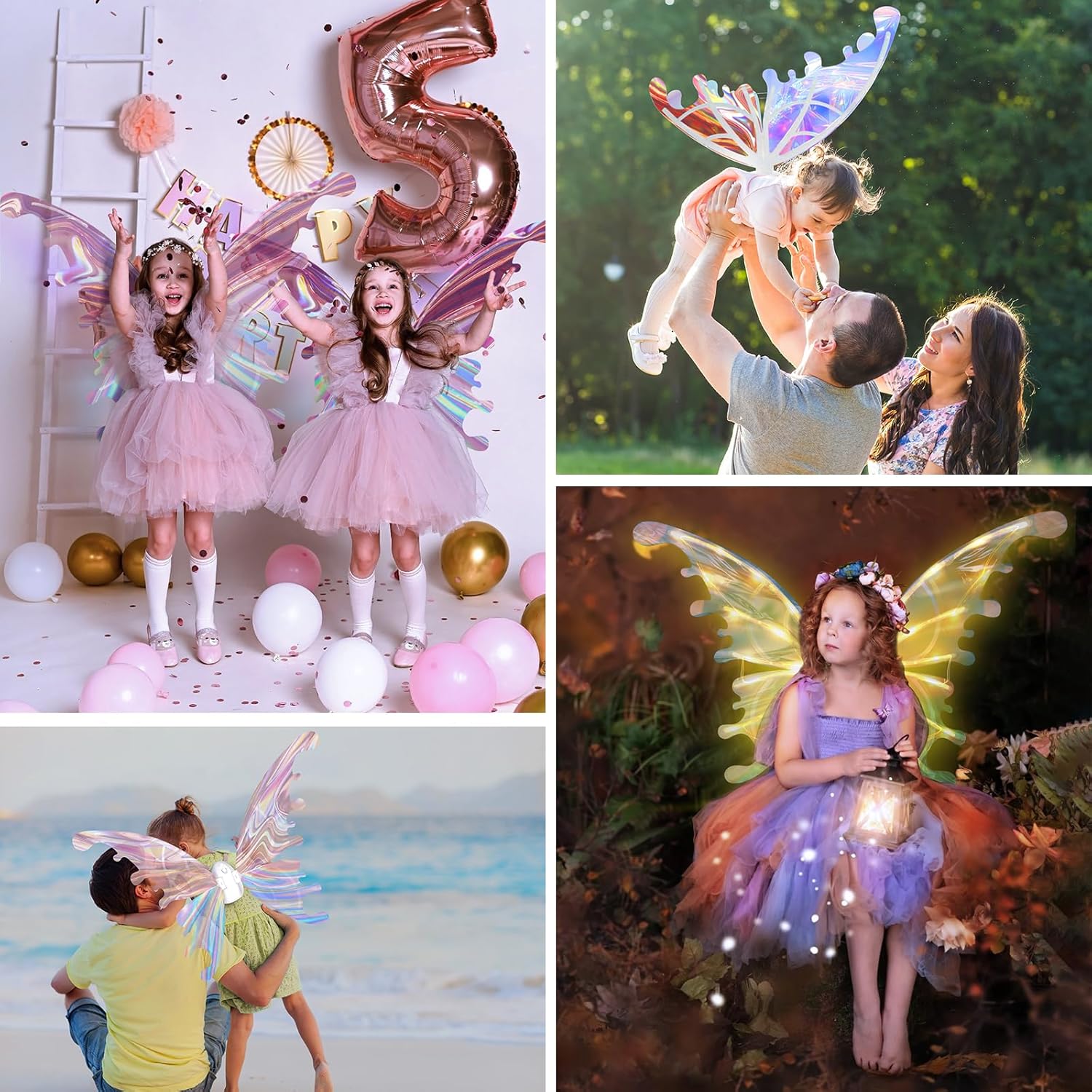 Collage of children in fairy costumes with balloons and a family photo.