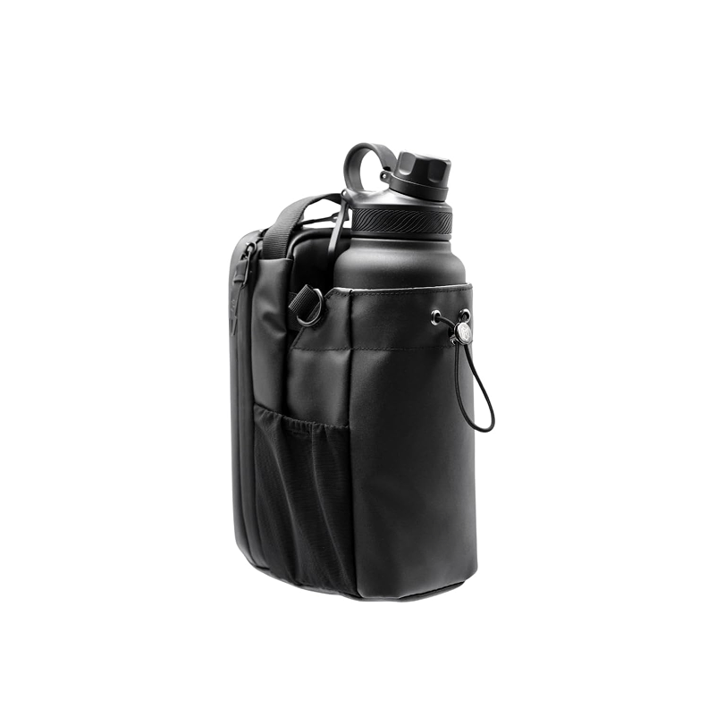 A black magnetic gym bag with multiple compartments and a water bottle attached to it.