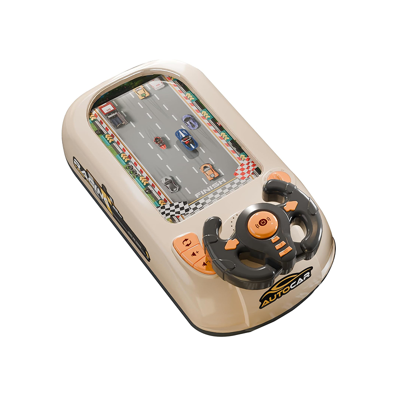A Turbo Dash steering toy designed for babies, featuring a steering wheel and a race track with various toy cars on it.
