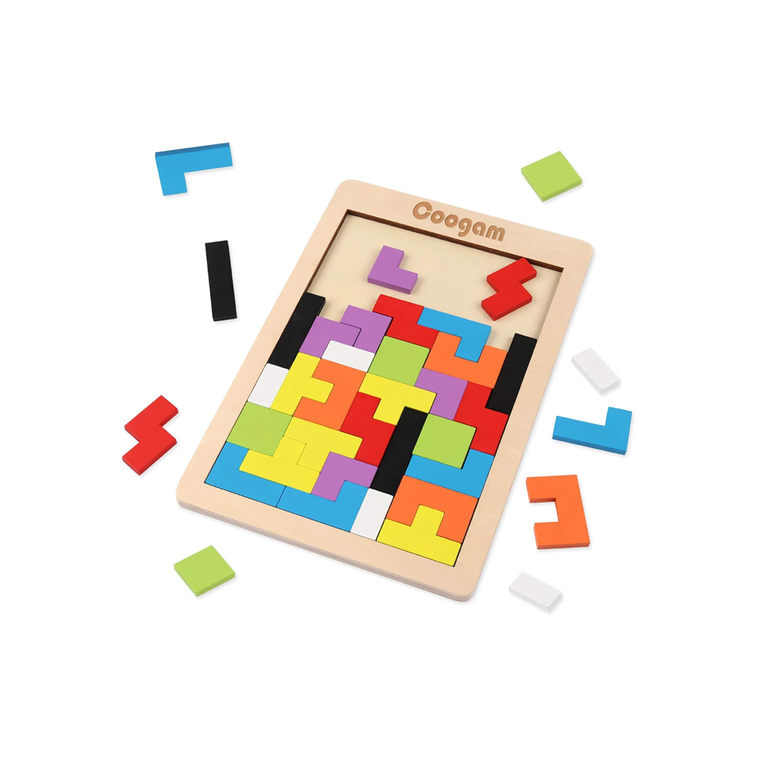A wooden intelligence toy brain puzzle with colorful blocks on a wooden board on a white background.