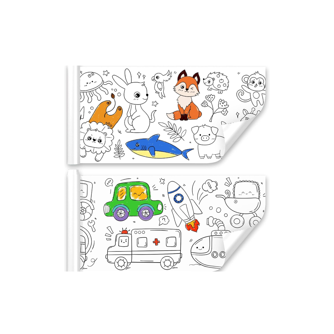 A colorful children's drawing roll with various cartoon animals and vehicles.