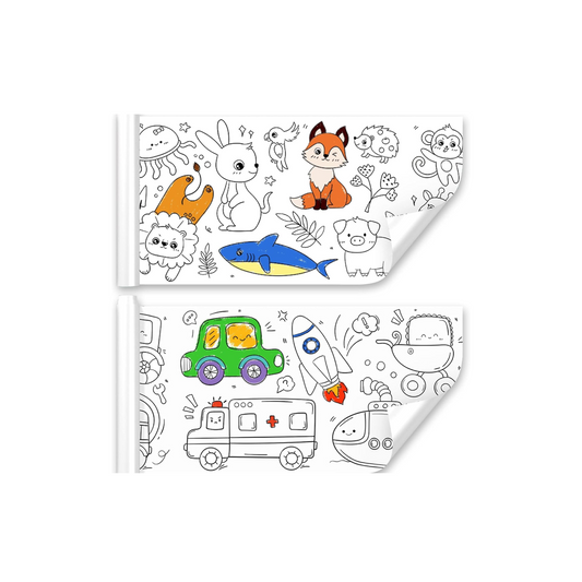 A colorful children's drawing roll with various cartoon animals and vehicles.