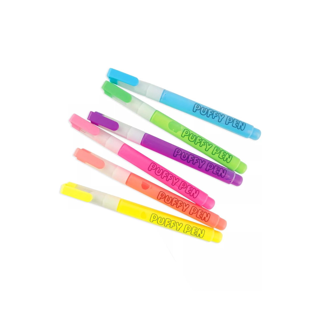 Magic Puffy Pens in various colors including blue, green, pink, purple, yellow, and orange.